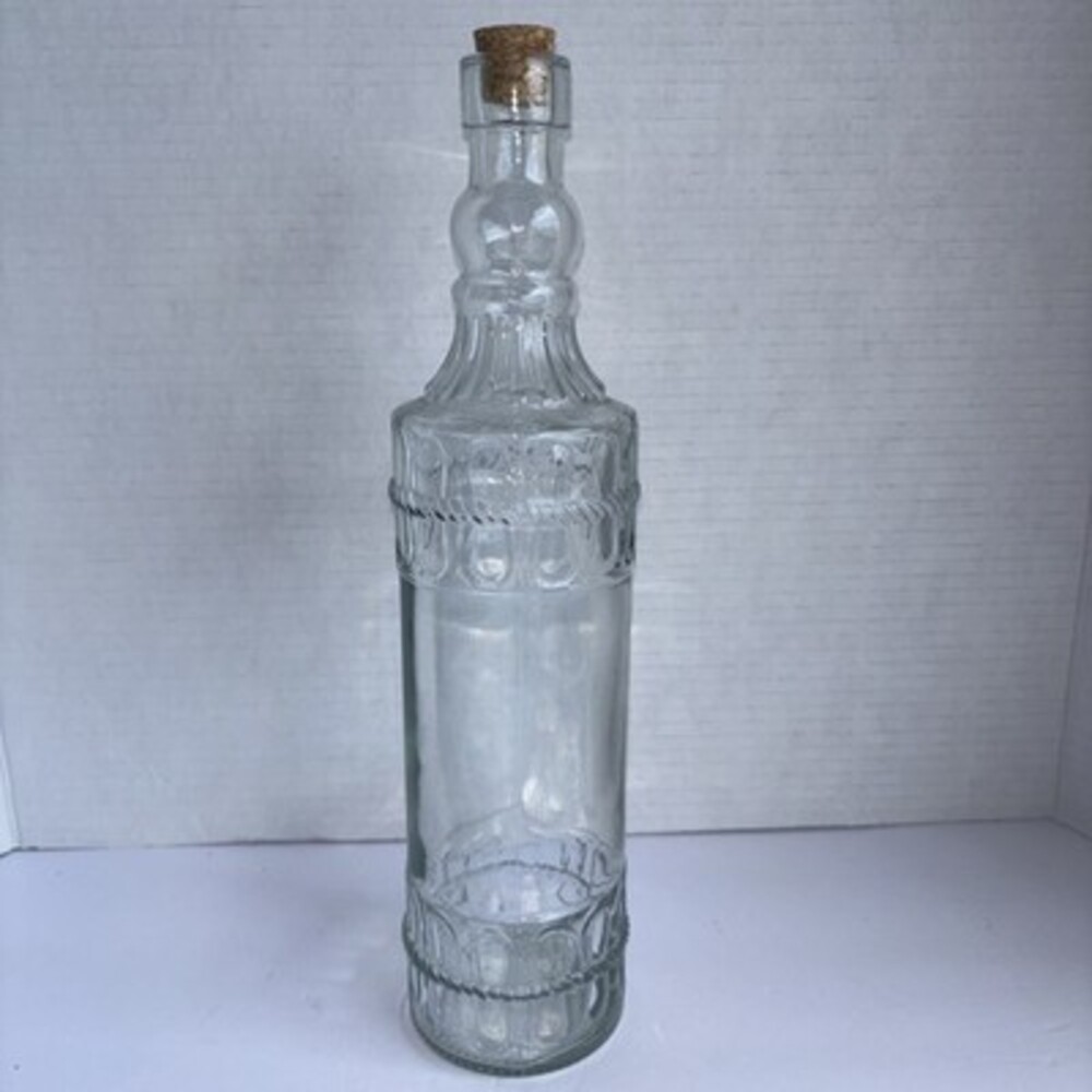 Clear 12” Glass Bottle Vintage Raised Design With Cork